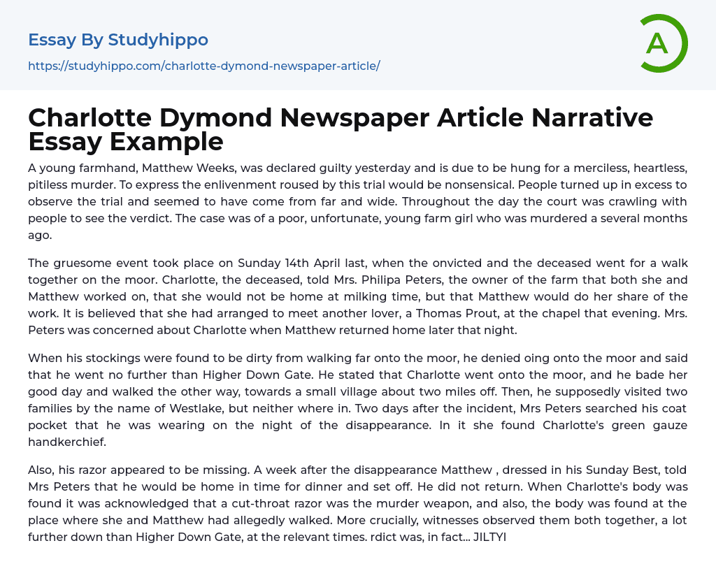 Charlotte Dymond Newspaper Article Narrative Essay Example