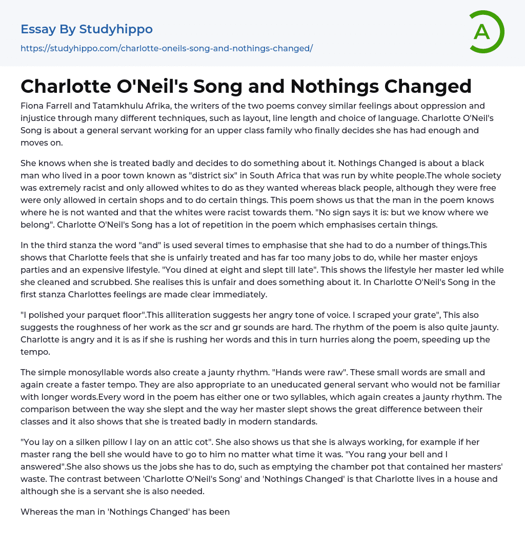 Charlotte O’Neil’s Song and Nothings Changed Essay Example