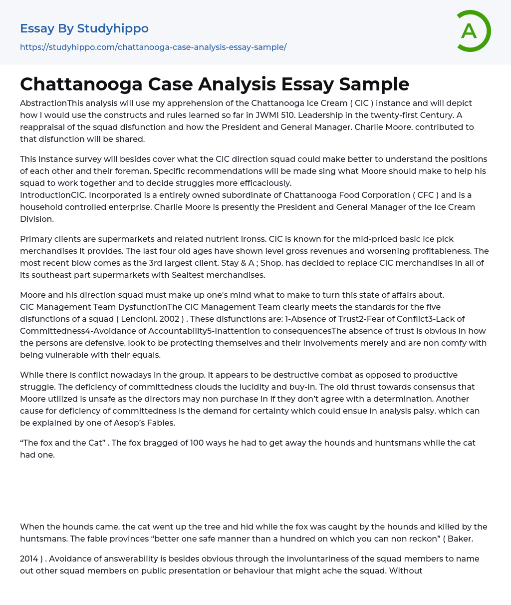 Chattanooga Case Analysis Essay Sample