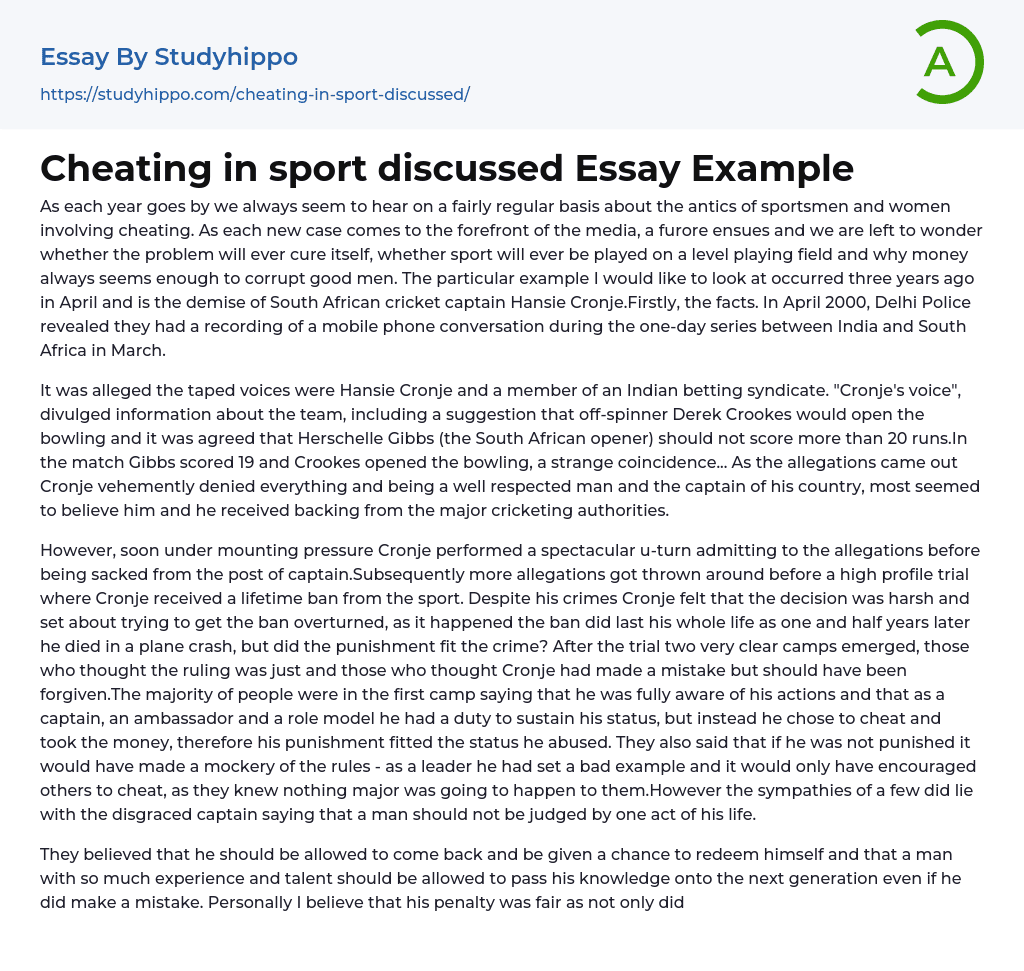 Cheating in sport discussed Essay Example