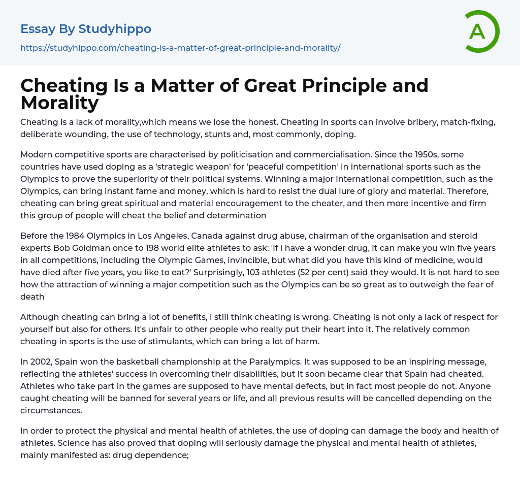 Cheating Is a Matter of Great Principle and Morality Essay Example