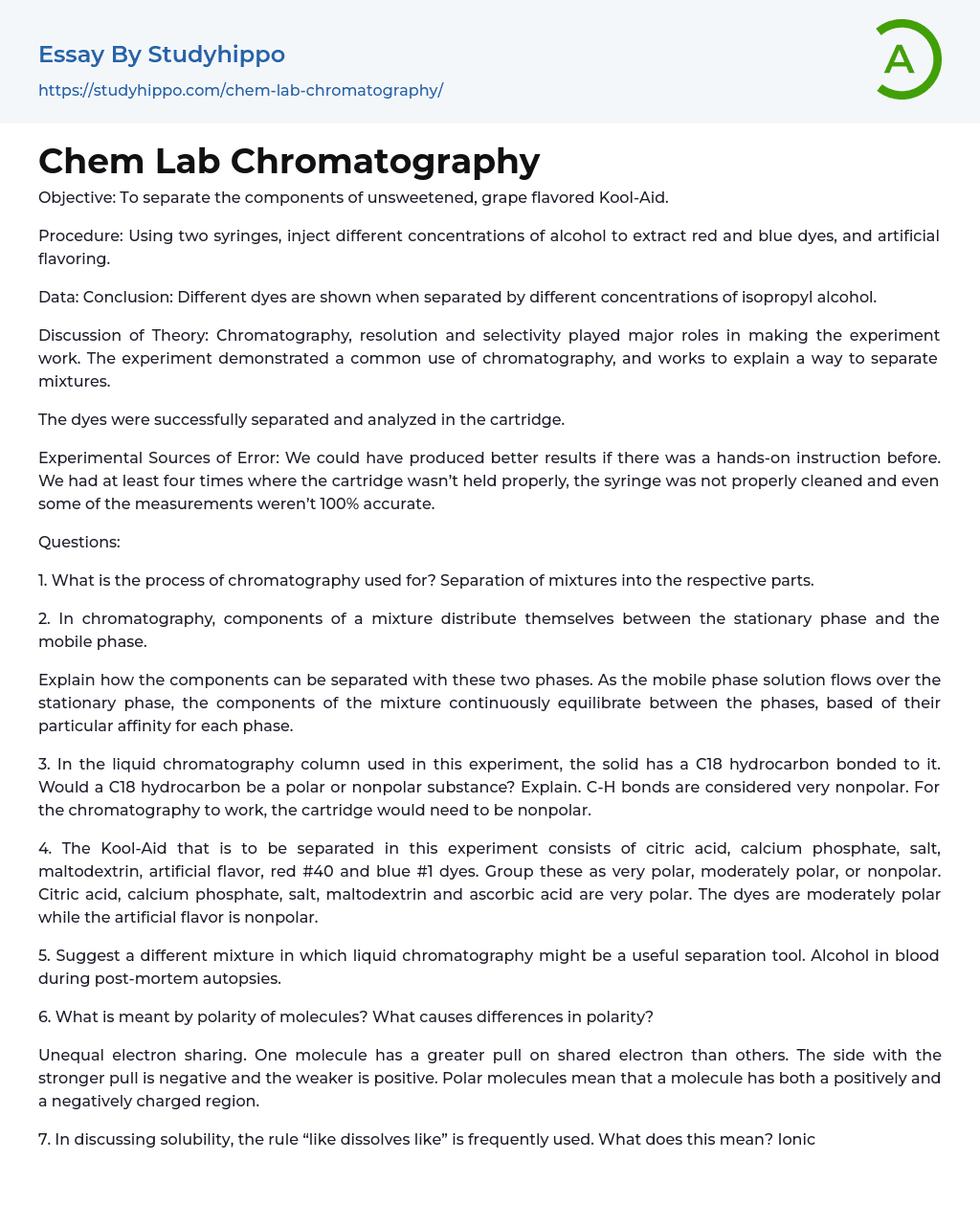 Chem Lab Chromatography Essay Example