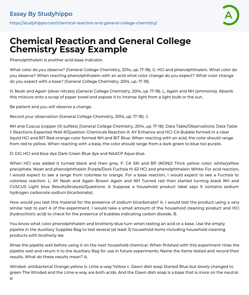 Chemical Reaction and General College Chemistry Essay Example
