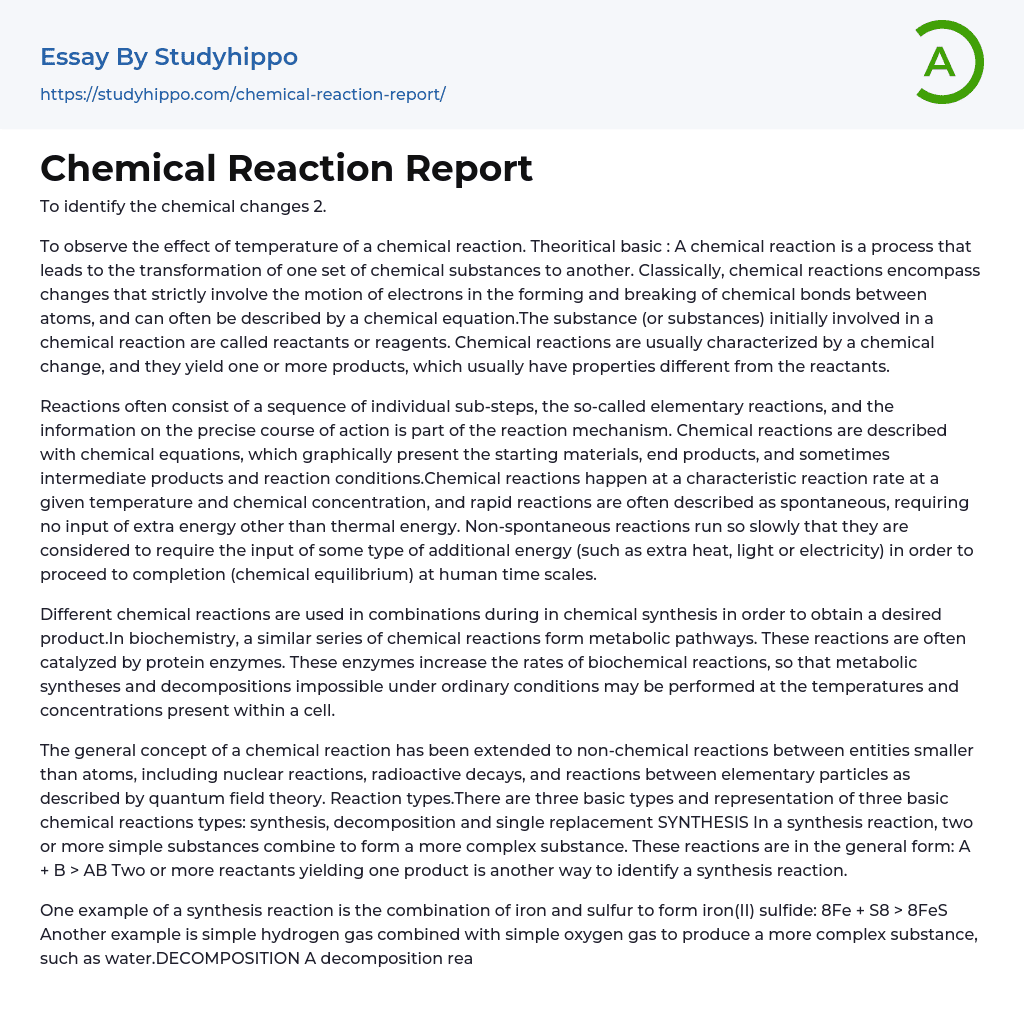 Chemical Reaction Report Essay Example