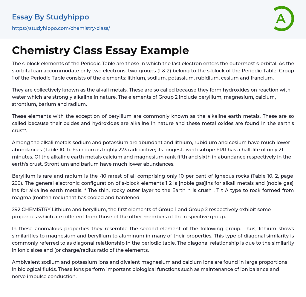 Chemistry Class Essay Example