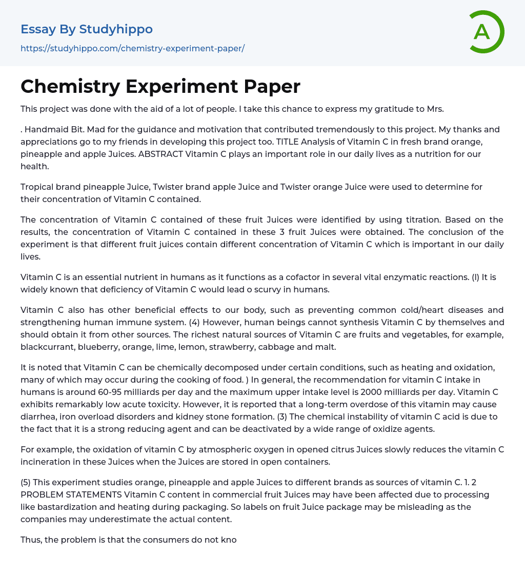 Chemistry Experiment Paper Essay Example