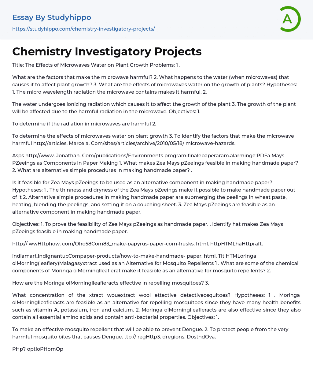 Chemistry Investigatory Projects Essay Example