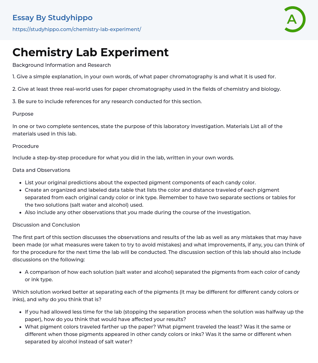 Chemistry Lab Experiment Essay Example