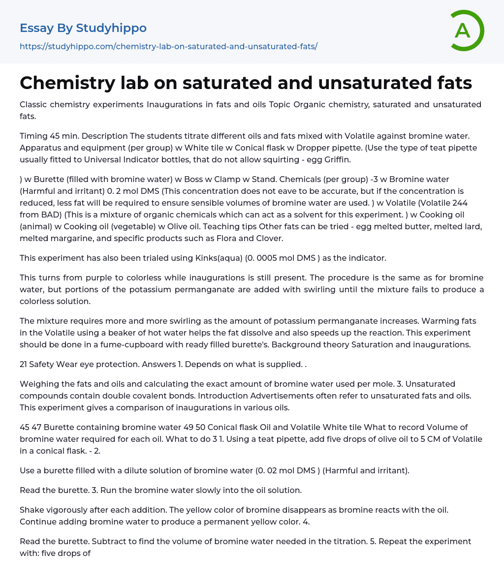 Chemistry lab on saturated and unsaturated fats Essay Example
