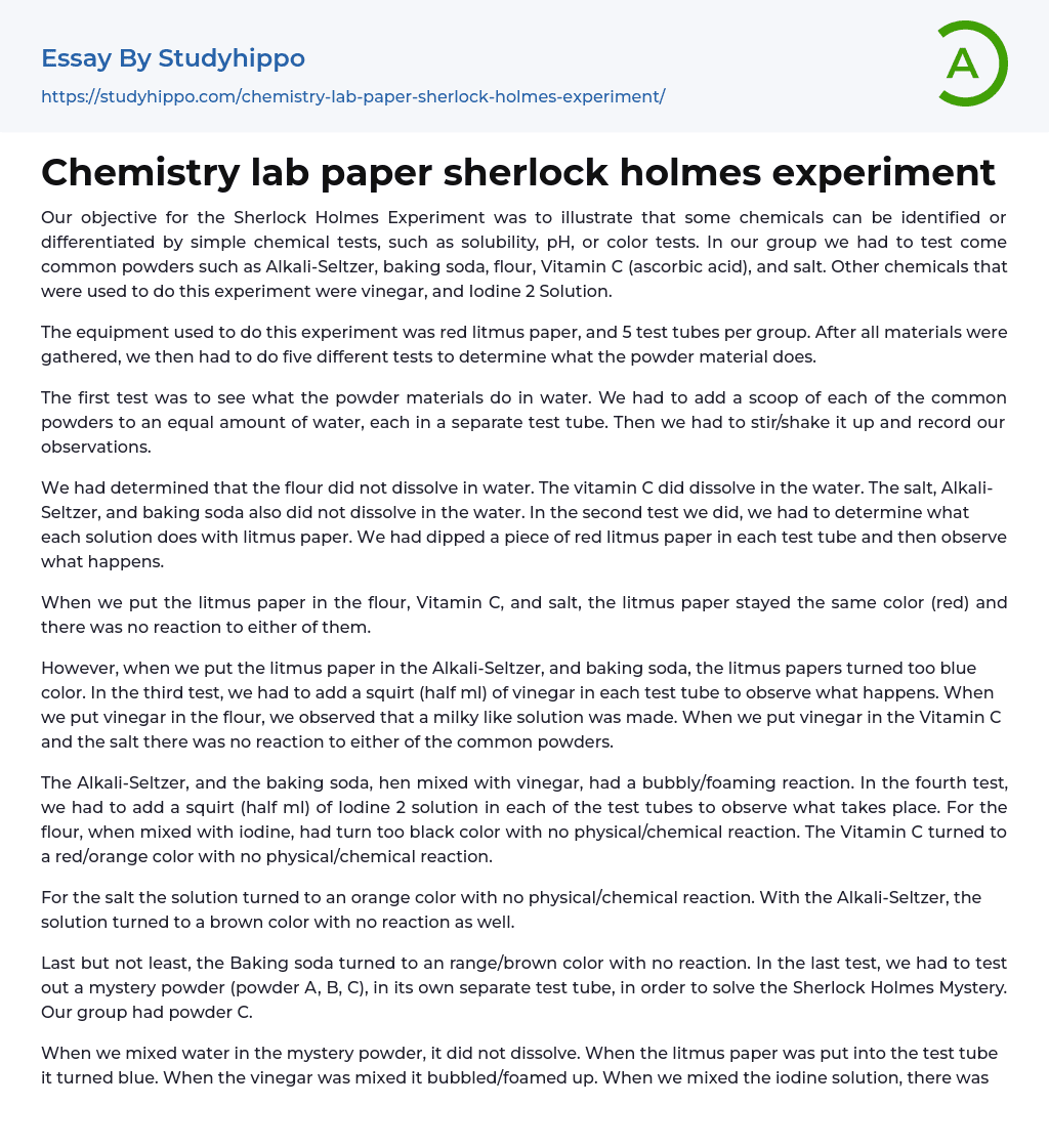 Chemistry lab paper sherlock holmes experiment Essay Example