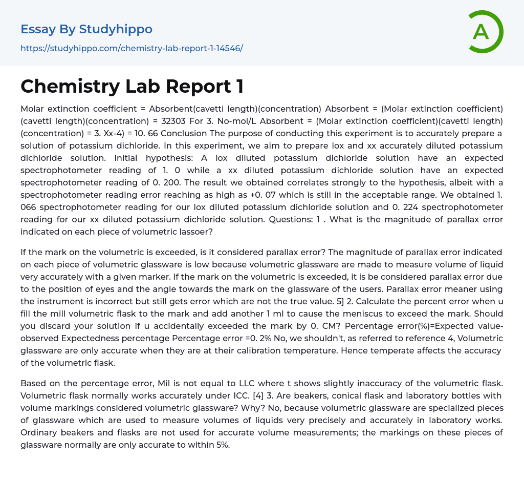 Chemistry Lab Report 1 Essay Example