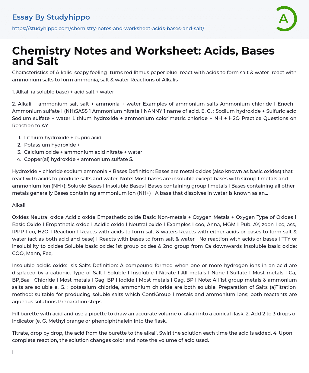 Chemistry Notes and Worksheet: Acids, Bases and Salt Essay Example