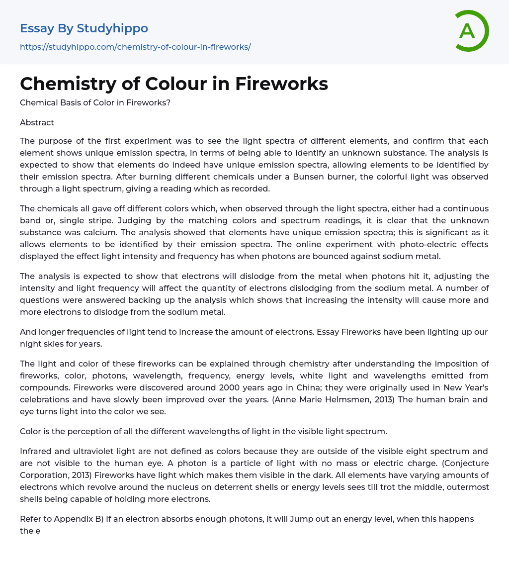 Chemistry of Colour in Fireworks Essay Example