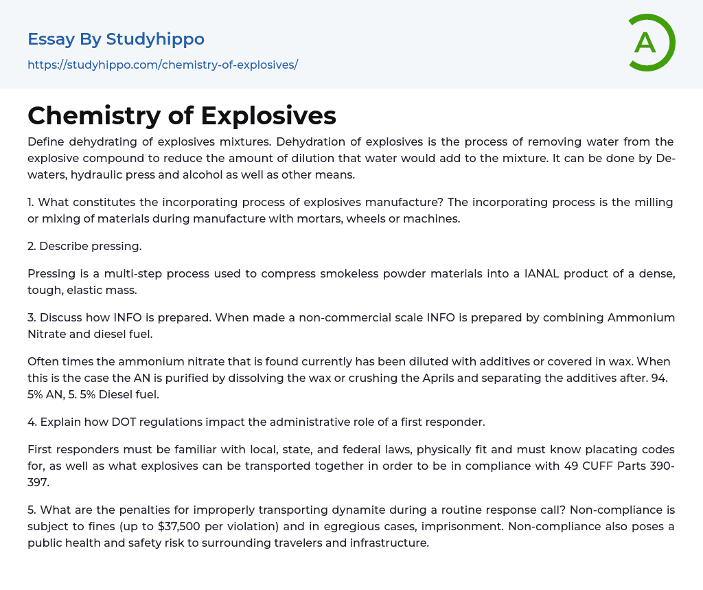 Chemistry of Explosives Essay Example
