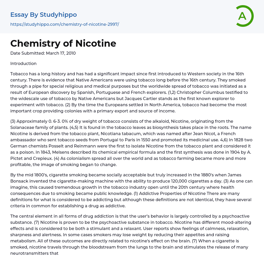 Chemistry of Nicotine: Nicotine in the Cigarette Smoke Essay Example