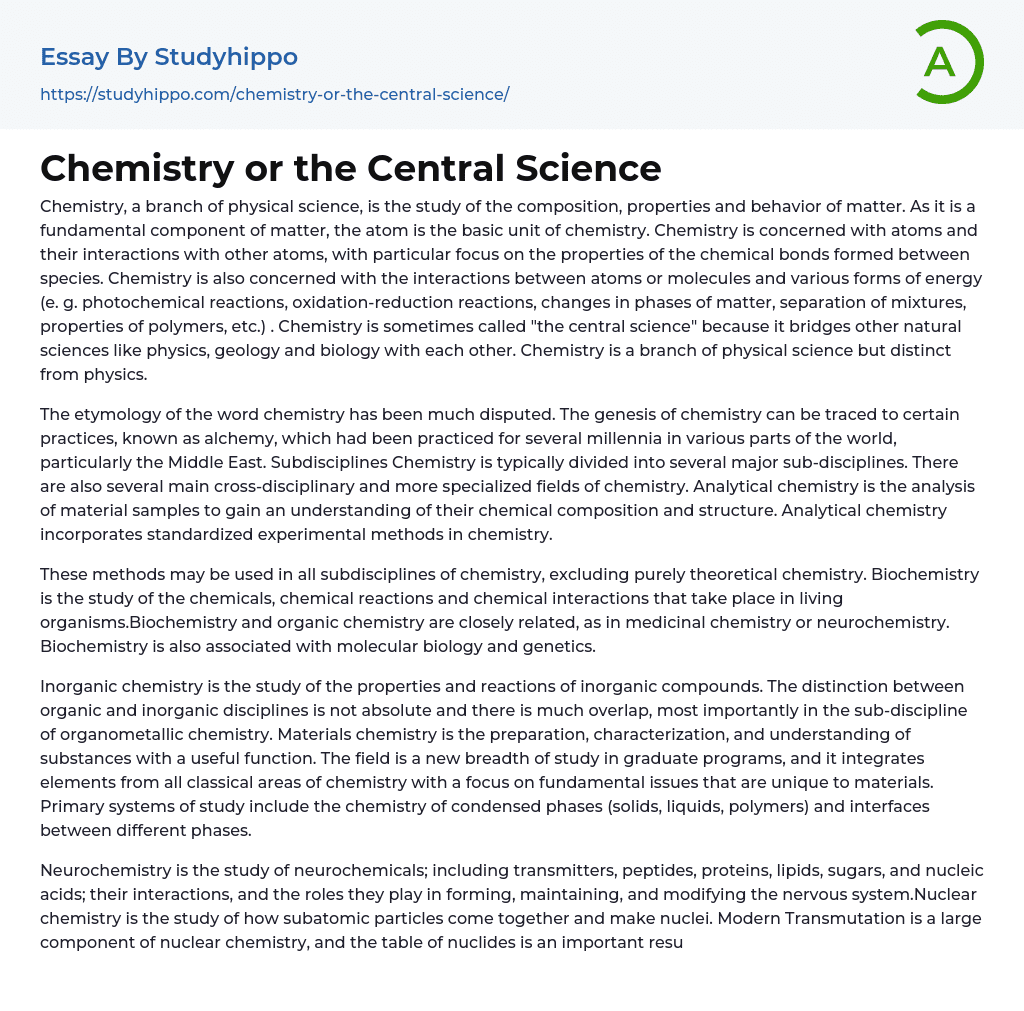 Chemistry or the Central Science Essay Example