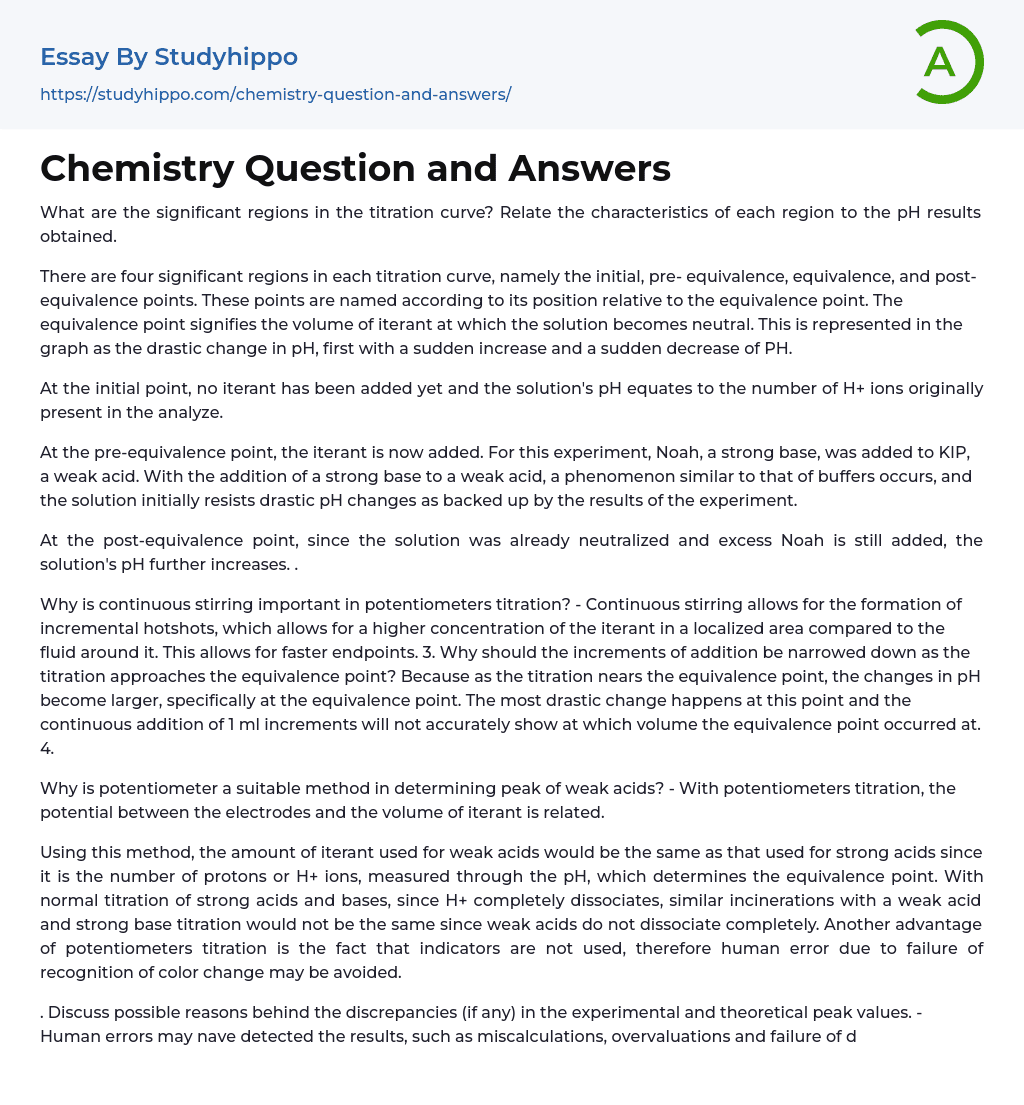 Chemistry Question and Answers Essay Example