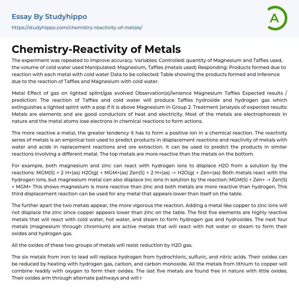 Chemistry-Reactivity of Metals Essay Example