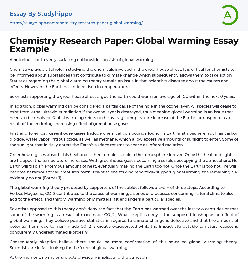 Chemistry Research Paper: Global Warming Essay Example