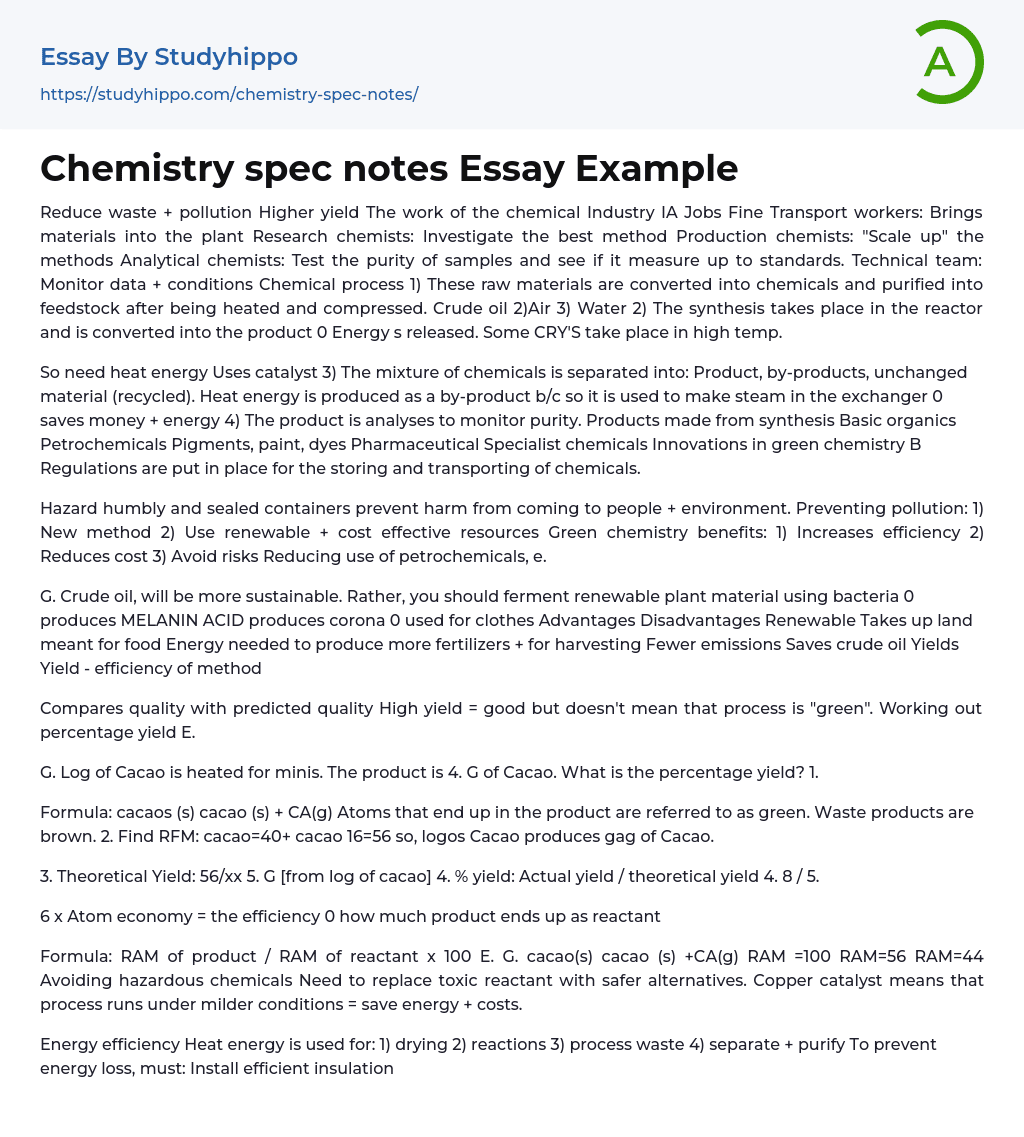 Chemistry spec notes Essay Example