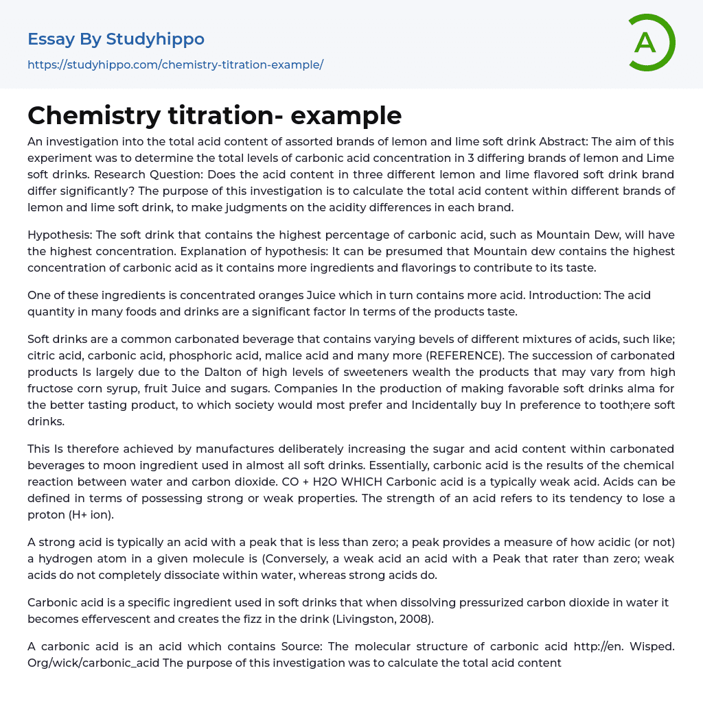 Chemistry titration- example Essay Example