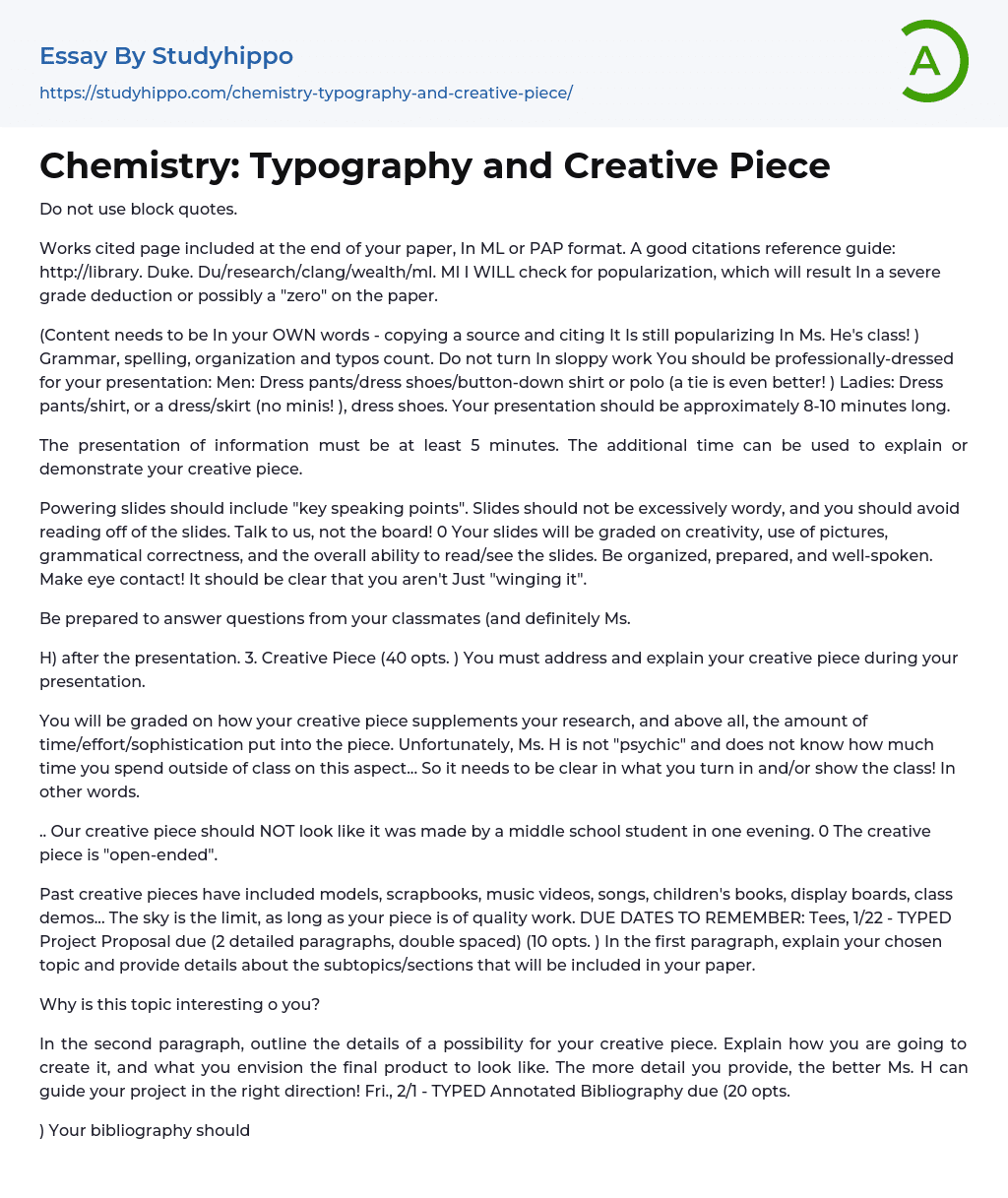 Chemistry: Typography and Creative Piece Essay Example