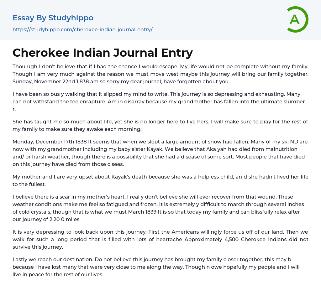 Cherokee Indian Journal Entry Essay Example