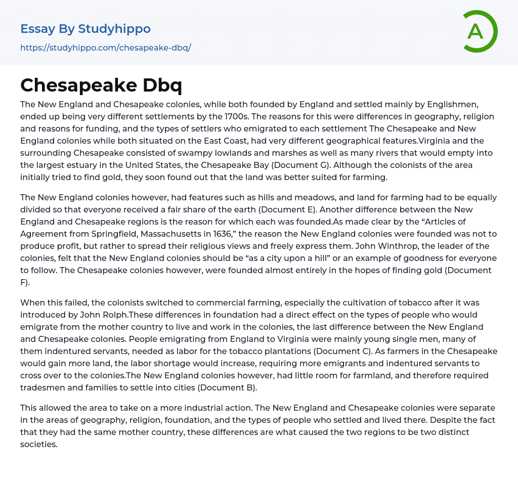 Chesapeake Dbq Essay Example