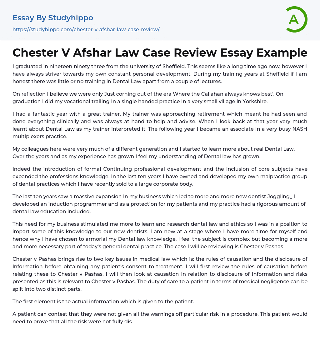 Chester V Afshar Law Case Review Essay Example