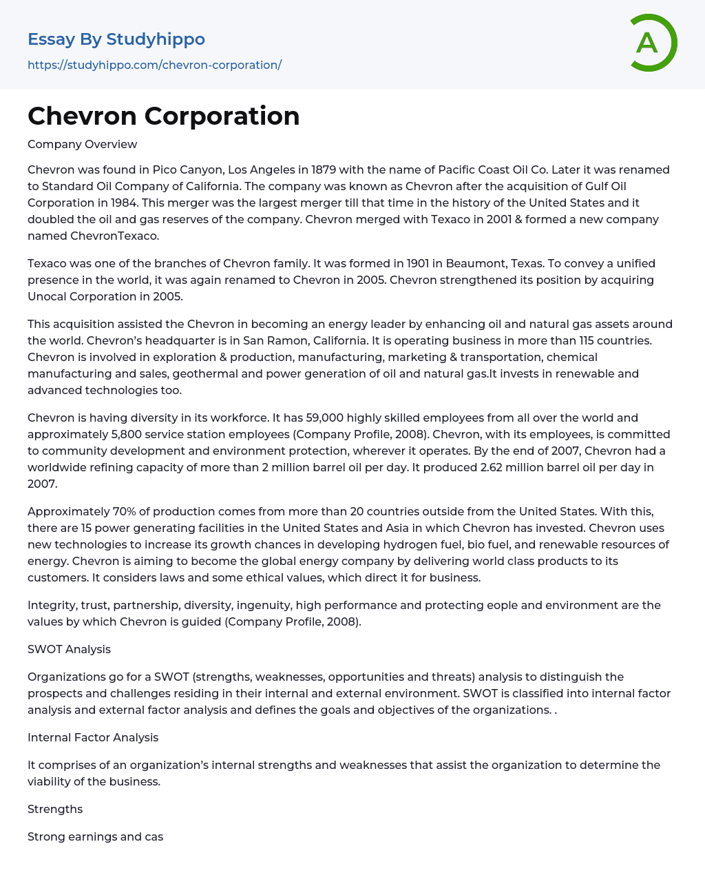 Chevron Corporation Essay Example