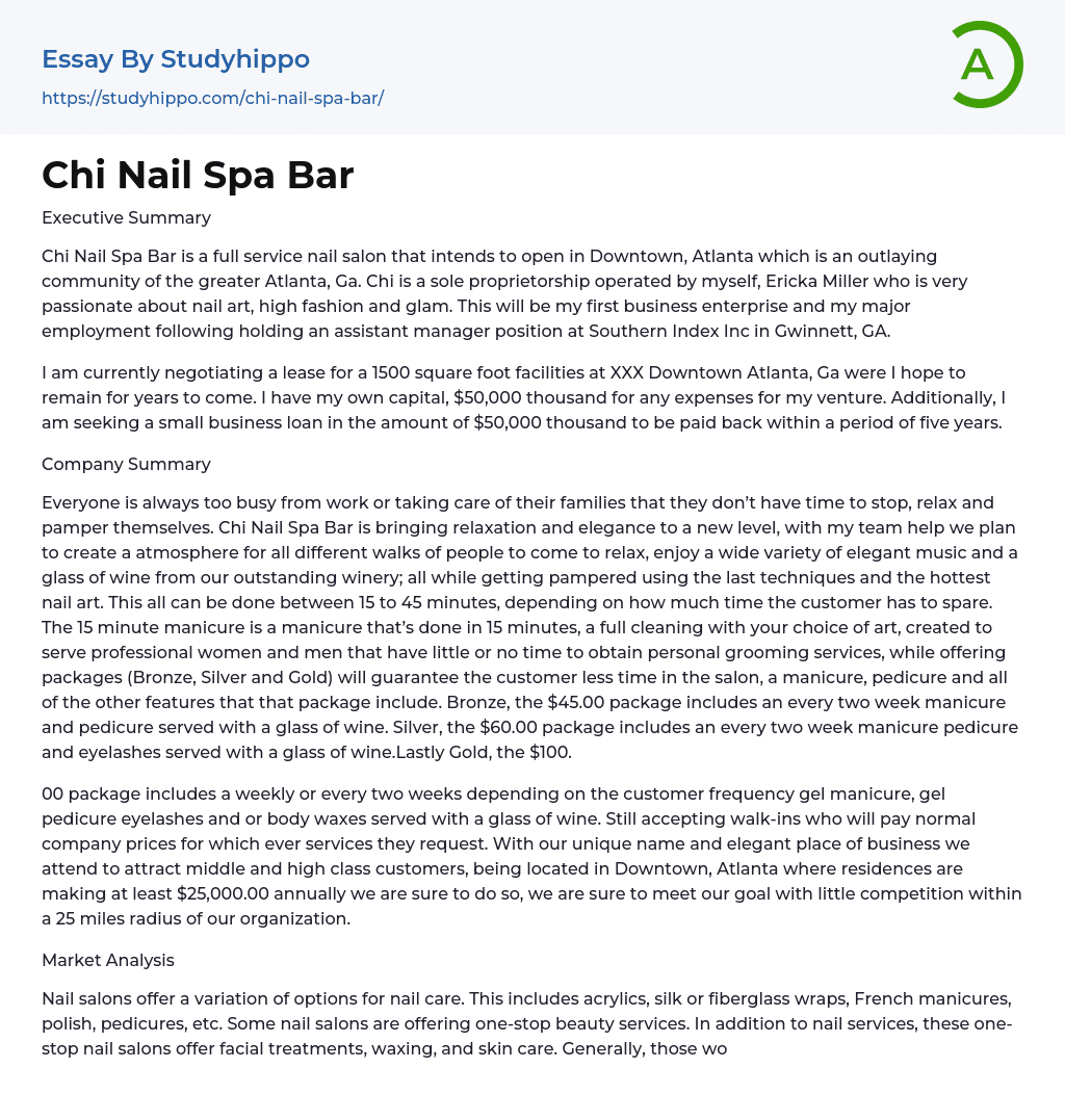 Chi Nail Spa Bar Essay Example