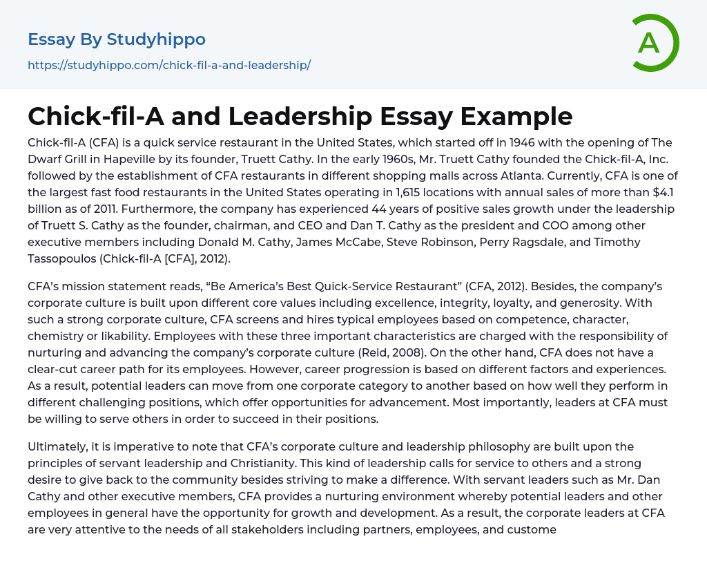 Chick-fil-A and Leadership Essay Example