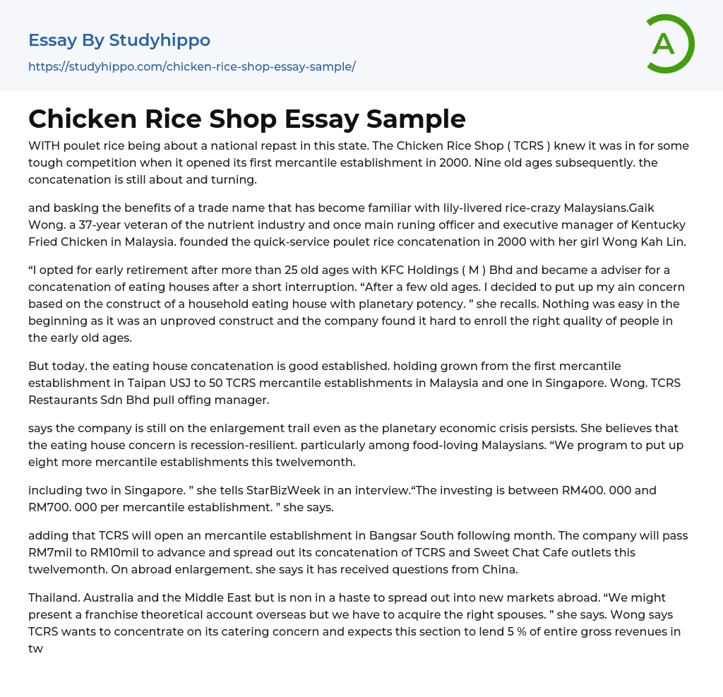 Chicken Rice Shop Essay Sample
