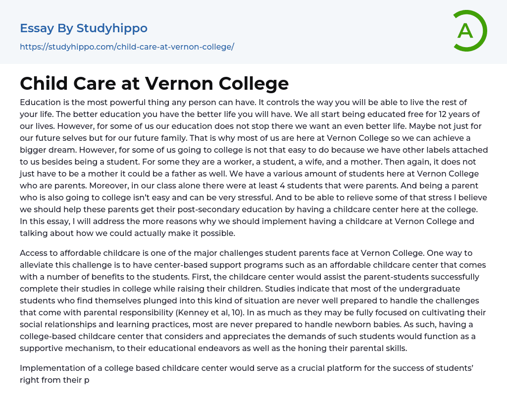 Child Care at Vernon College Essay Example