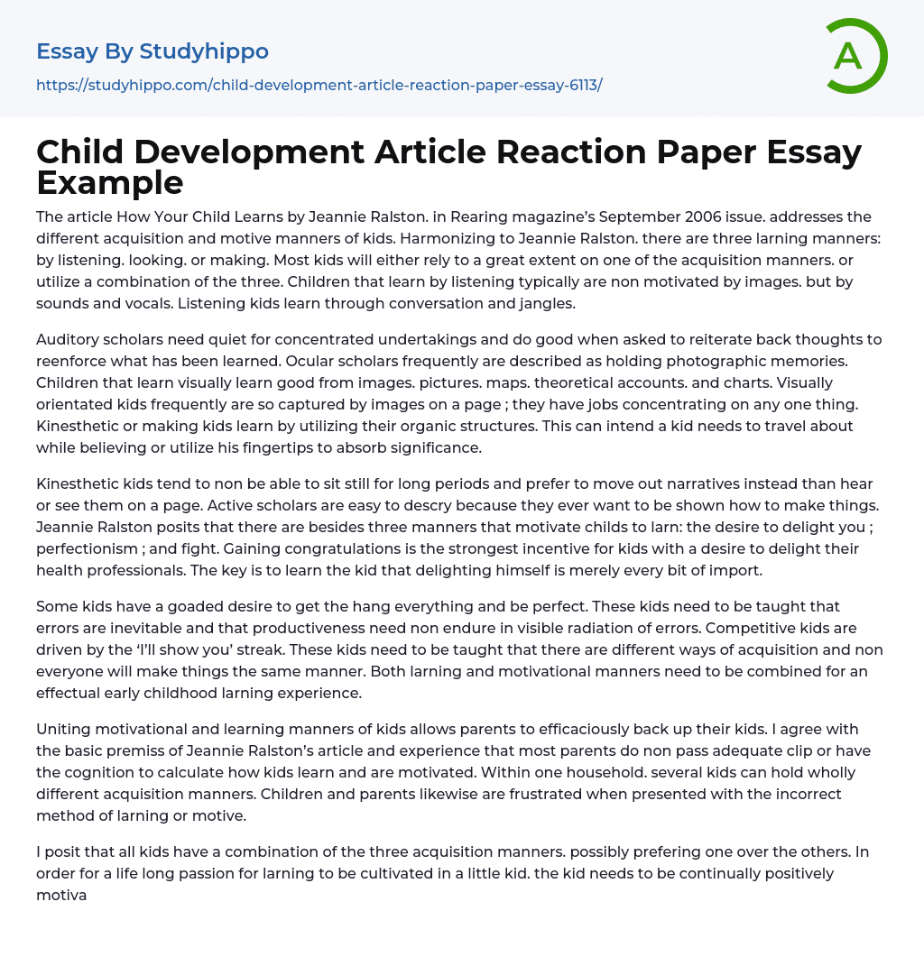 Child Development Article Reaction Paper Essay Example