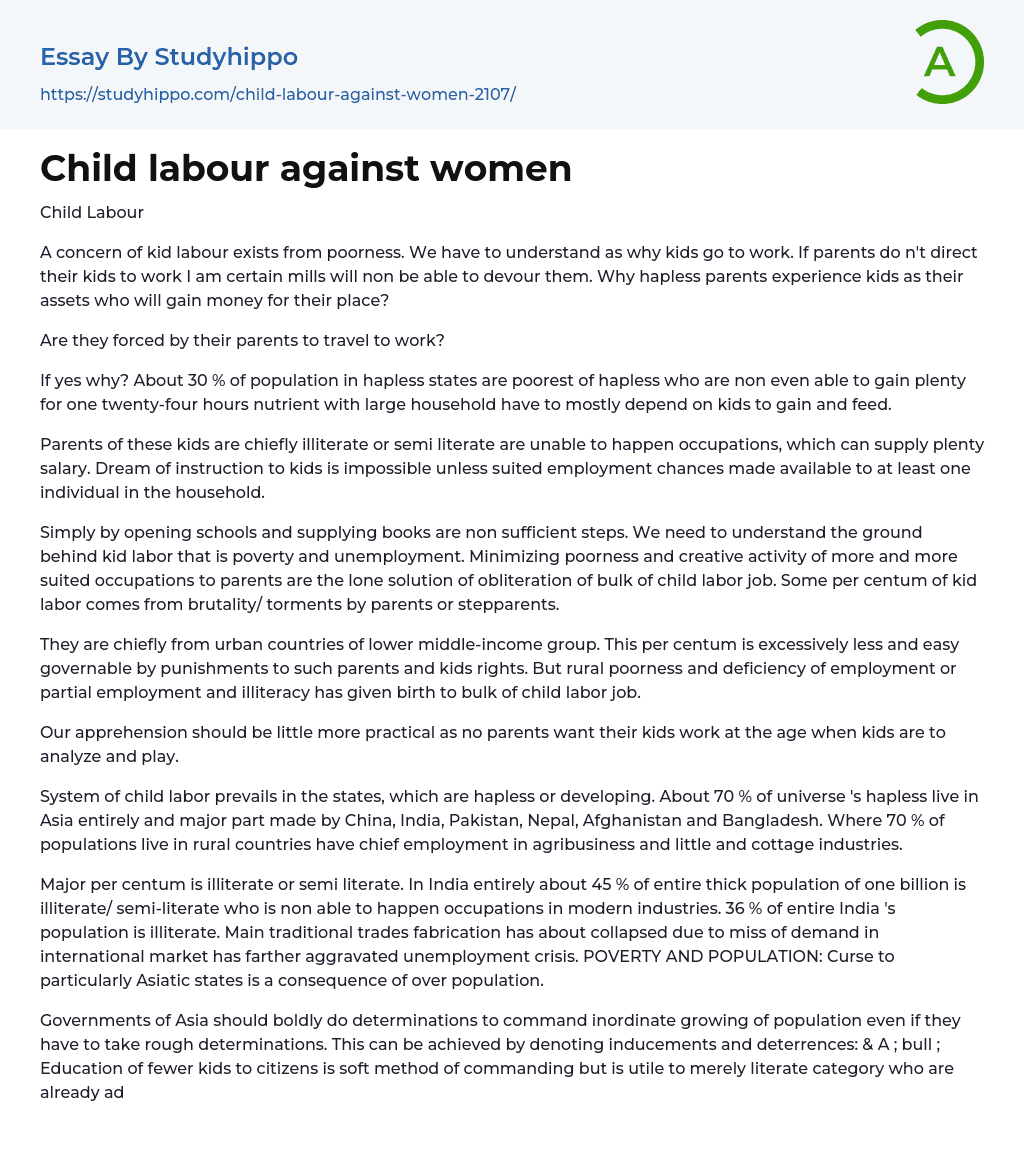 Child labour against women Essay Example