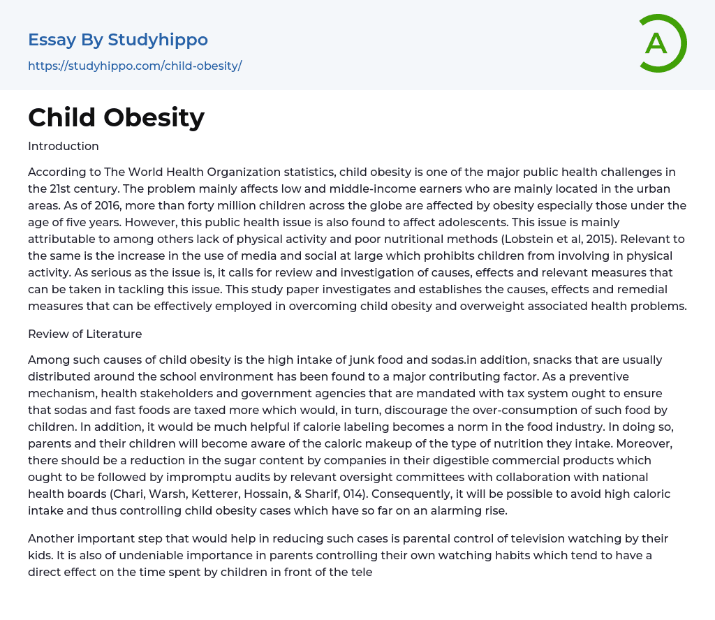 Child Obesity Essay Example