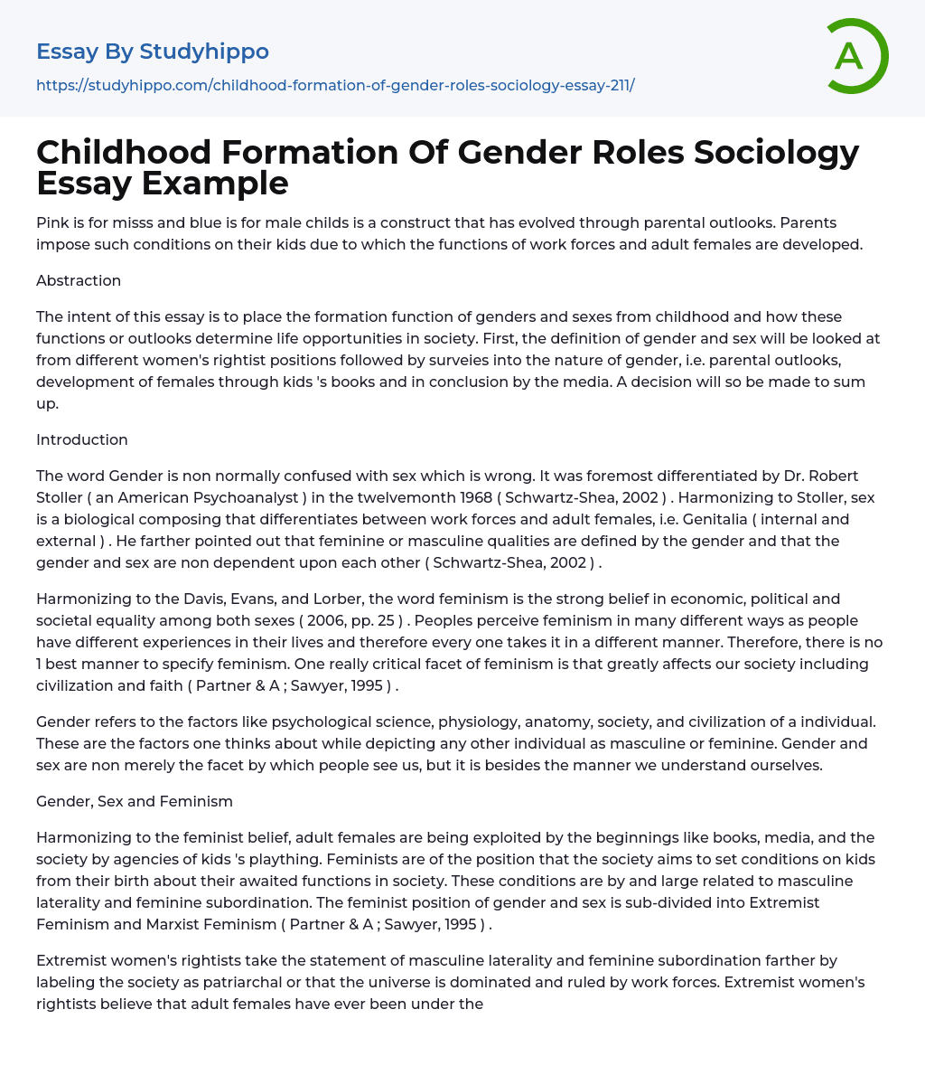 Childhood Formation Of Gender Roles Sociology Essay Example