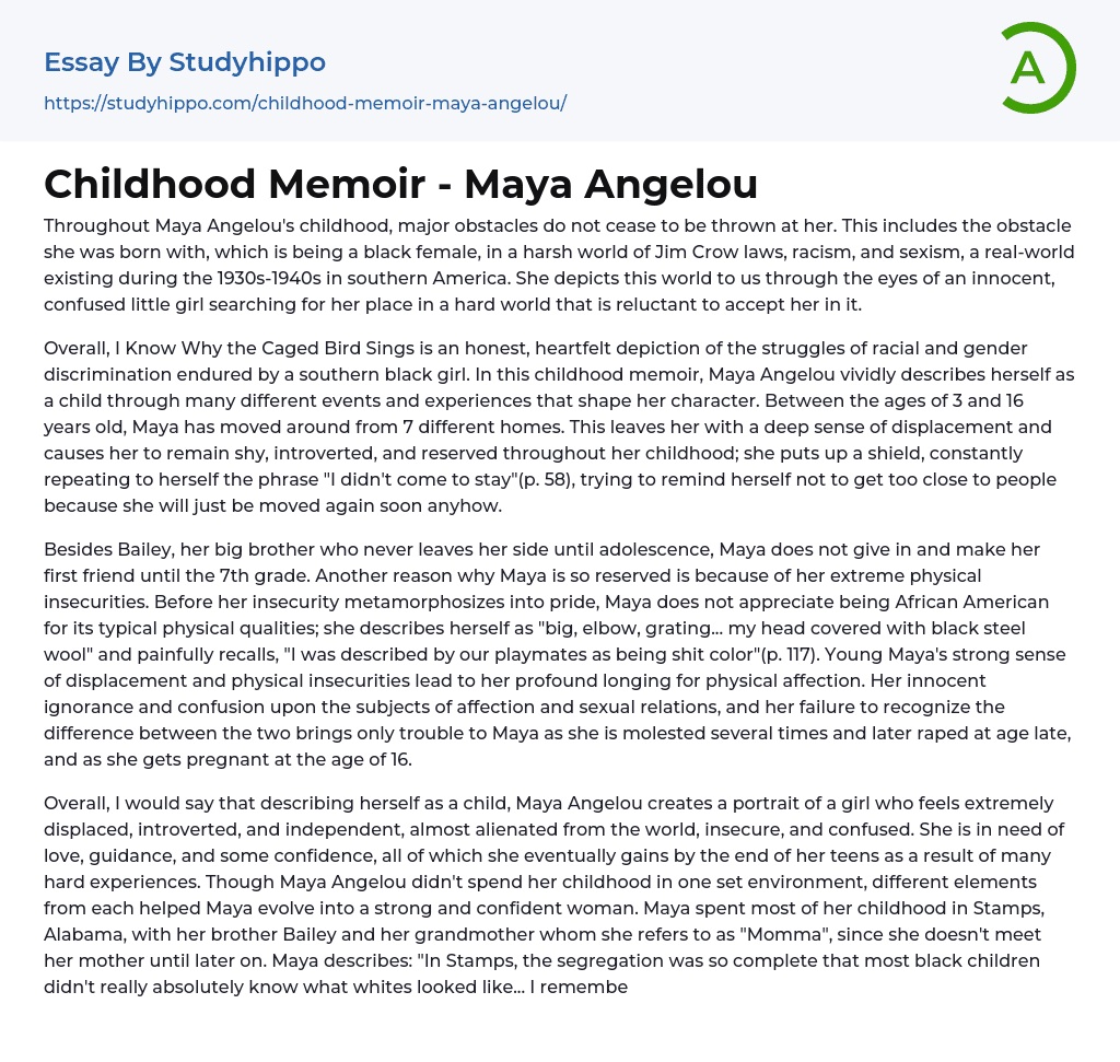 Childhood Memoir – Maya Angelou Essay Example
