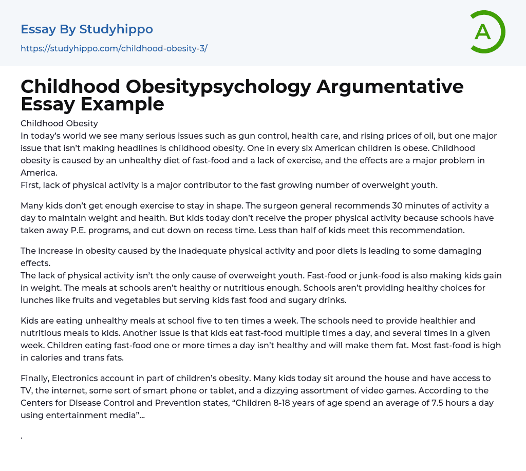Childhood Obesitypsychology Argumentative Essay Example