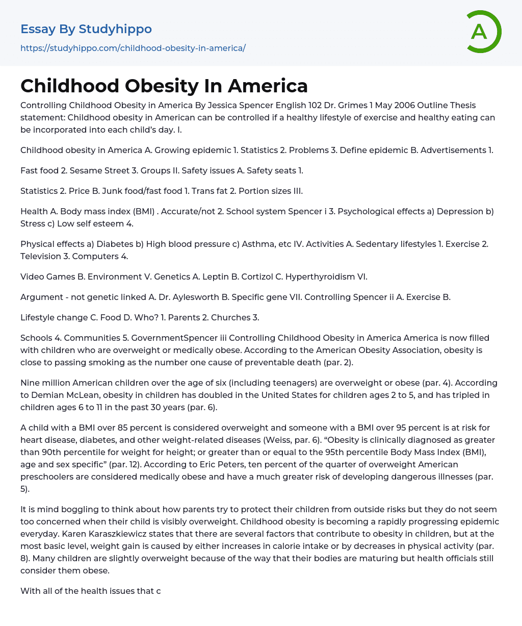 Childhood Obesity In America Essay Example