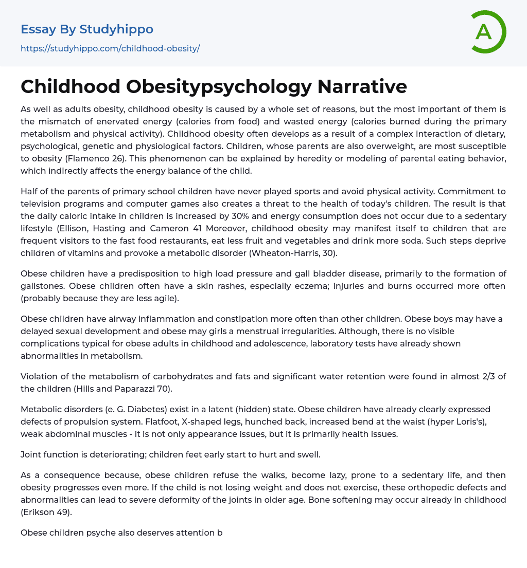 Childhood Obesitypsychology Narrative Essay Example