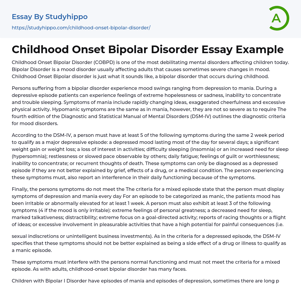 Childhood Onset Bipolar Disorder Essay Example