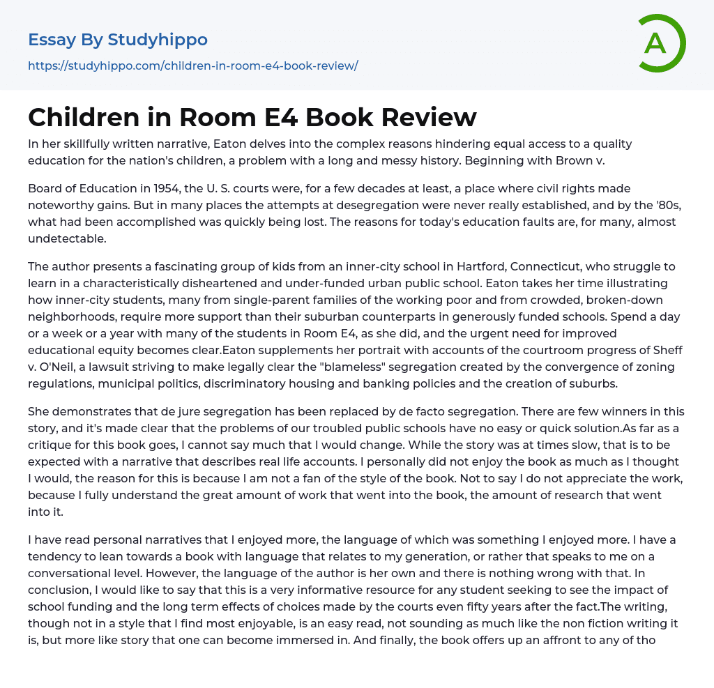 Children in Room E4 Book Review Essay Example