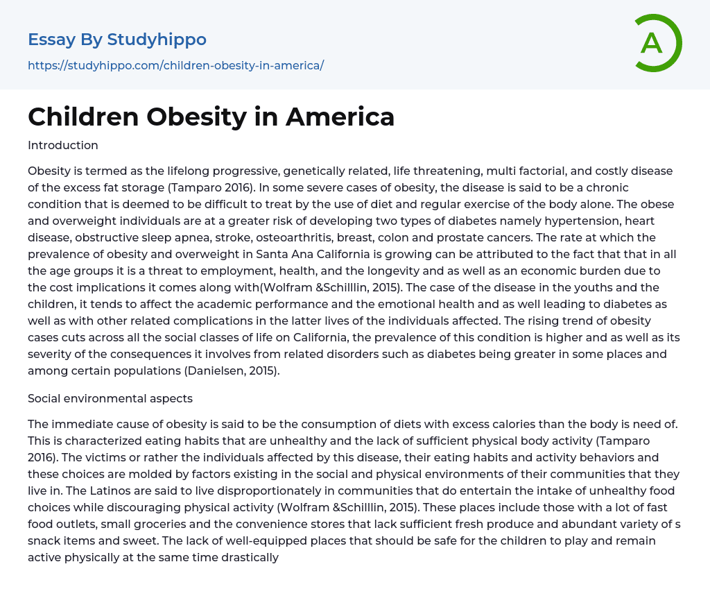 Children Obesity in America Essay Example