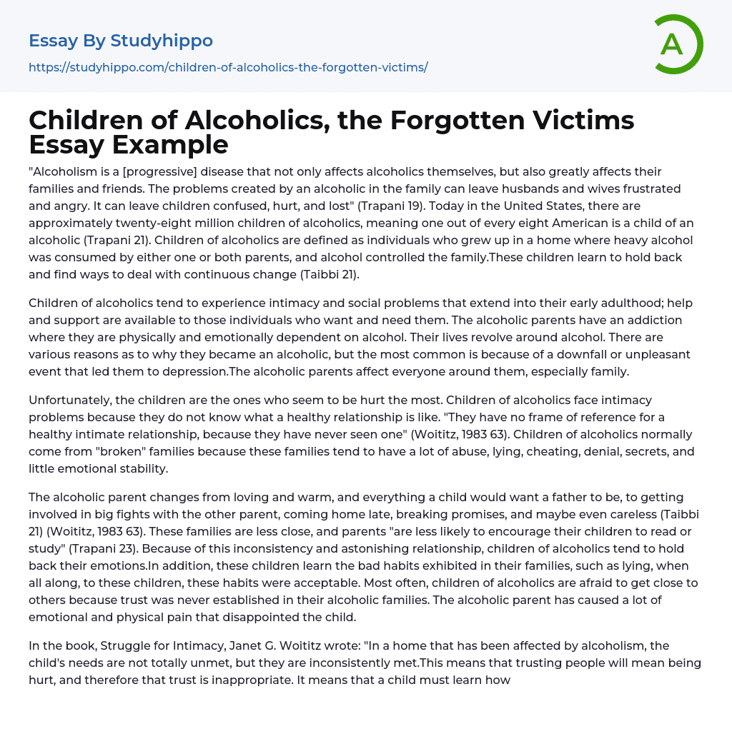 Children of Alcoholics, the Forgotten Victims Essay Example
