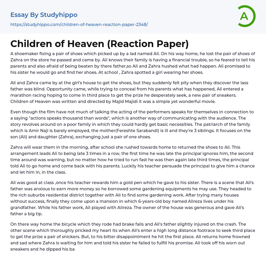 Children of Heaven (Reaction Paper) Essay Example