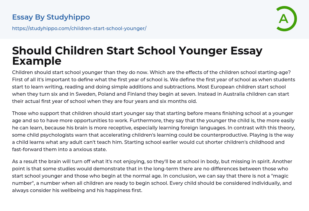Should Children Start School Younger Essay Example