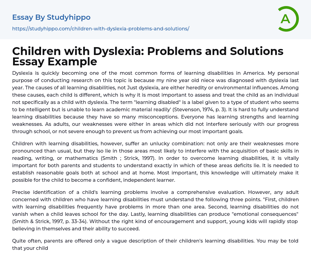 Children with Dyslexia: Problems and Solutions Essay Example