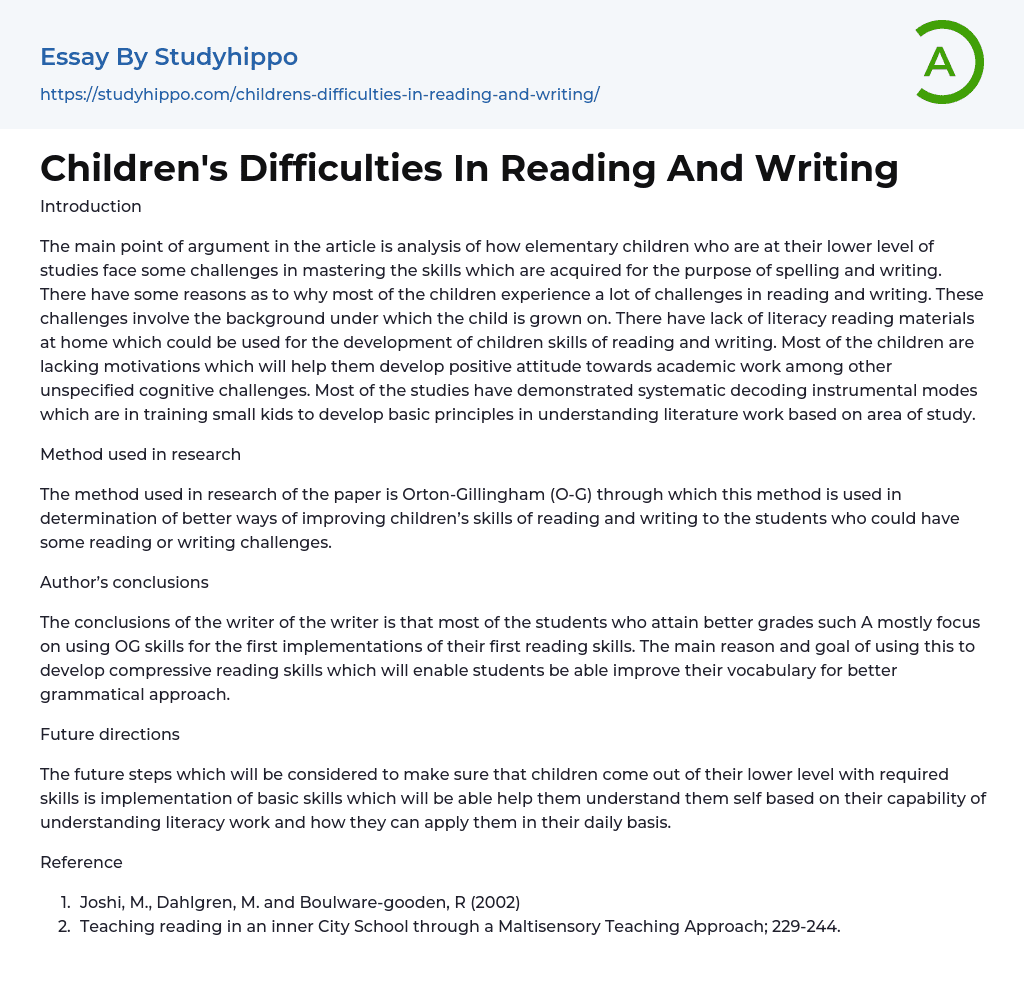 Children’s Difficulties In Reading And Writing Essay Example